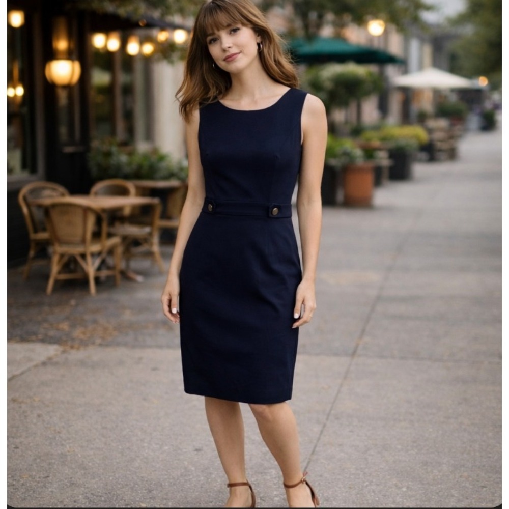 Ann Taylor Sheath Dress Women 00 Navy Blue Sleeveless Button Waist Career Office
